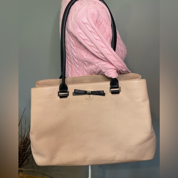 Kate Spade Pink Pebbled Leather Tote Bag Black Bow Accent Shoulder Purse - Picture 8 of 10